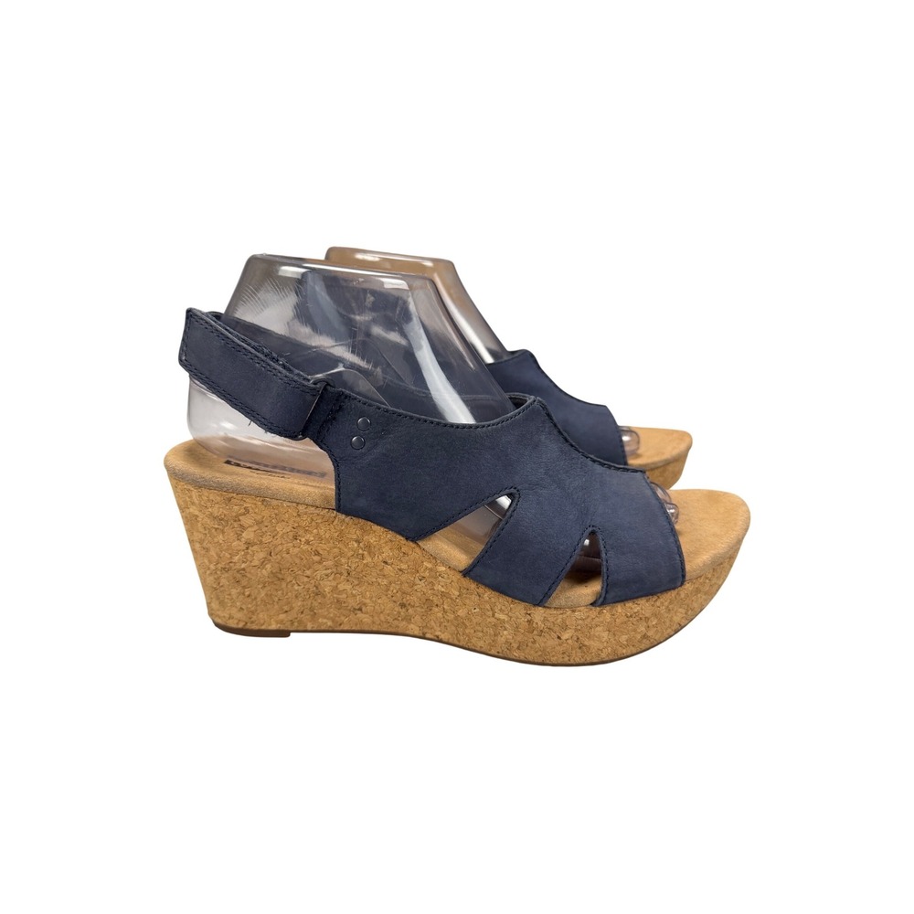 Clarks Collection Navy Blue Leather Cork Wedge Sandals Womens 9.5 M